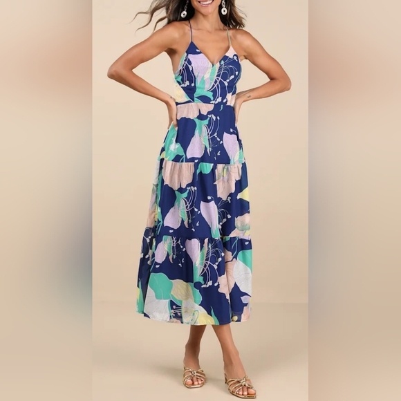 Lulus Dresses & Skirts - Lulus Hours of Flowers Blue Multi Floral Lace-Up Tiered Midi Dress Size XS